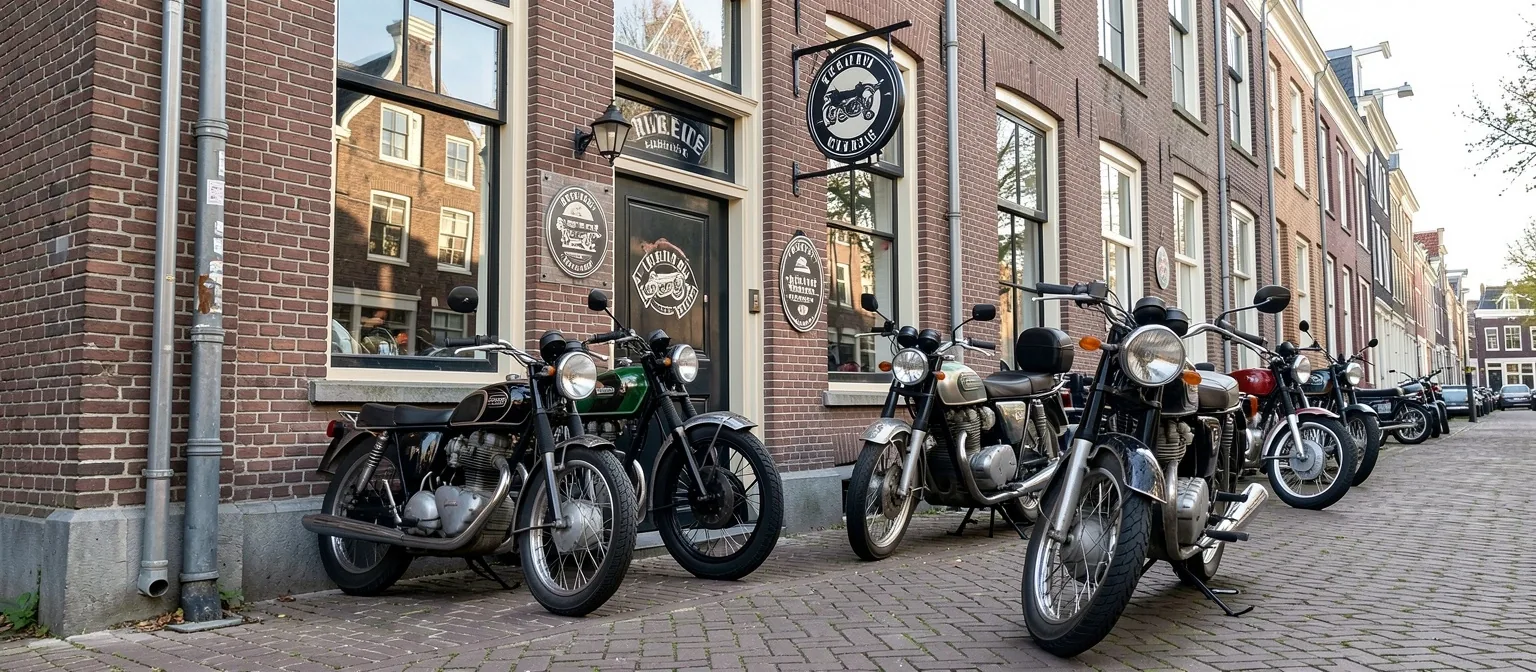 Voorgevel van Avellink aan de Oudegracht in Utrecht met motoren