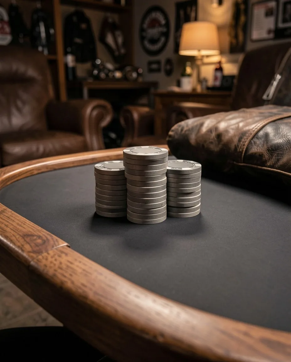 Detail van pokertafel met fiches en lederen accenten