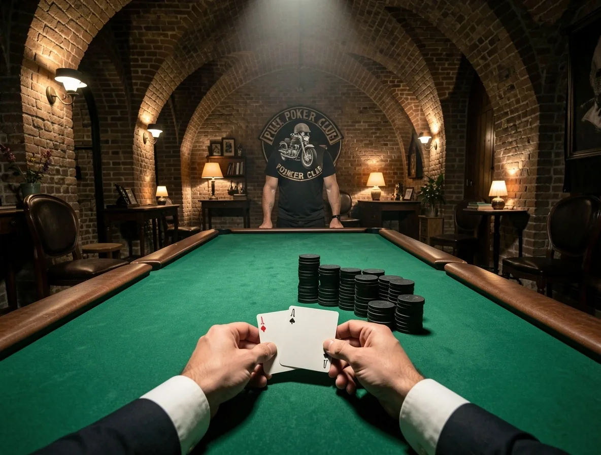 Perspectief van een verzorgde pokertafel met dealer in de club